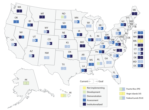 This map depicts the current EDC4 DDSA implementation status (as of December 2017) for each State and the goal attainment level each State has set for itself.
