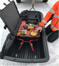 Ground Penetrating Radar within an enclosed hard plastic container pulled by a sled.