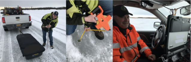 Three photos: At left, Adam Larsen of the FHWA Office of Tribal Transportation, demonstrates the process to calibrate the ground penetrating radar device. At center, Larsen drills through the ice and measures its thickness. At right, Mark Leary, from the Native Village of Napaimute, records the results on a computer in the cab of a work vehicle.