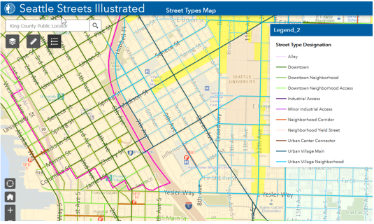 Screen capture of the Seattle Streets Illustrated Map, which defines each roadway's designation throughout the city.