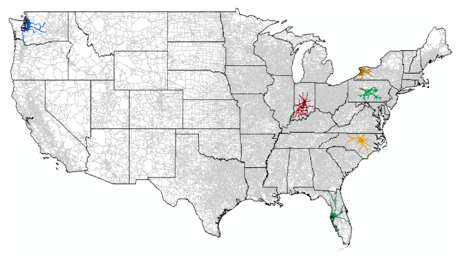 U.S. map depicting the road networks within each of six states whose data were used to develop the RID.