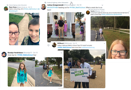 Collage of social media posts from Department of Transportation staff showcasing themselves and their children walking to school and attending walk to school events.