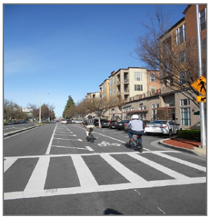 Photo shows bicyclists riding along a bike lane in front of a pedestrian crosswalk on the road.
