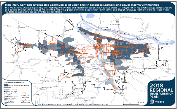 Screenshot shows 2018 Regional Transportation Plan High Injury Corridors Overlapping Communities of Color, English Language Learners, and Lower-Income Communities, roads highlighted in orange and black, and sections highlighted in shades of blue.