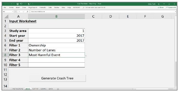 Screenshot shows the input tab in Excel, which includes Study area, Start year, End year, Filter 1, Filter 2, Filter 3, Filter 4, and Filter 5.