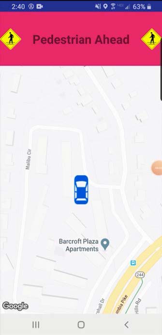 Screenshot shows car on a map with Pedestrian Ahead alert.