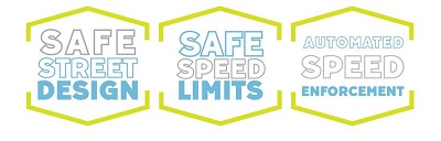 Illustration reads Safe Street Design, Safe Speed Limits, and Automated Speed Enforcement.