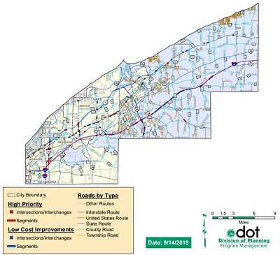 Map shows Lake County, Ohio's road network. Throught the network are markers for high priority intersections and interchanges and segments, and low cost improvements for intersections/interchanges and segments. Roads include interstates routes, United States routes, State routes, county roads, township roads, and others.
