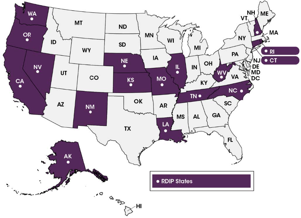 Map shows RDIP States: Alaska, Washington, Oregon, California, Nevada, New Mexico, Nebraska, Kansas, Missouri, Illinois, Louisiana, Tennessee, North Carolina, West Virginia, New Hampshire, Rhode Island, and Connecticut