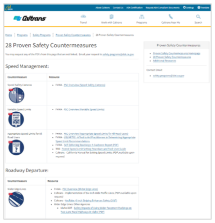 Screen capture of the Caltrans web page featuring 28 proven safety countermeasures.