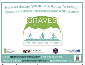 Community outreach flyer encourages community members to help the town design a safe route to school, including a web page URL people can access to provide input.