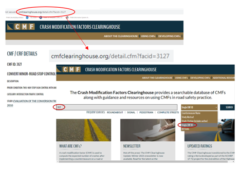 This image shows two screen captures. The first illustrate the location of the DMF ID within the URL. The second screenshot illustrates using the dropdown search tool on the details page to select Single CMF and uses a circle to indicate where to key in the CMF ID number to call up that CMF.