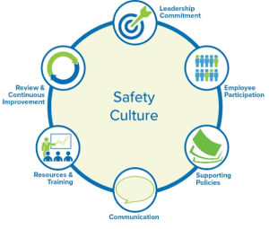 The core elements of a safety culture include leadership commitment, employee participation, supporting policies, communication, resources and training, and review and continuous improvement.