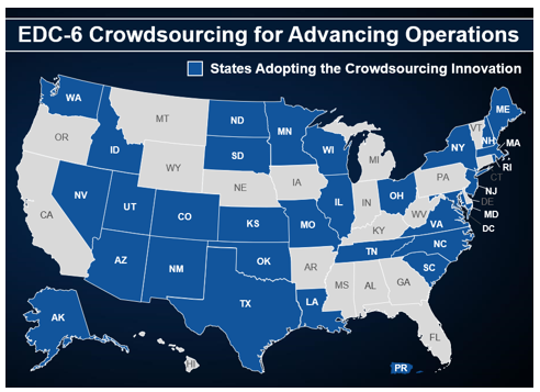 Map of the United States indicates that the following states have adopted the crowdsourcing innovation under Every Day Counts round 6, in no particular order: Alaska, Washington, Idaho, Nevada, Utah, Arizona, Colorado, New Mexico, Kansas, Oklahoma, Texas, Louisiana, North and South Dakota, Minnesota, Wisconsin, Illinois, Louisiana, Tennessee, Virginia, North Carolina, South Carolina, Ohio, New York, New Jersey, Maryland, the District of Columbia, New Jersey, Rhode Island, Massachussets, New Hampsure, and Maine.
