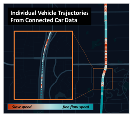 Data collected from connected vehicles shows where speeds are slow and where they in freeflow conditions on an image of a digitized roadway.