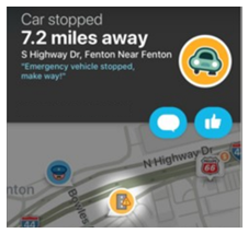 Screen capture from a navigation app that notifies uses of a car stopped 7.2 miles away and the location of the vehicle.