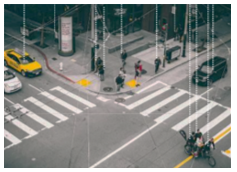 This graphically enhanced photo of an urban intersection depicts bicylclists, pedestrians, and vehicles with strings extending up from the top of each person or vehicle into the cloud, representing the connected flow of data from these individual.