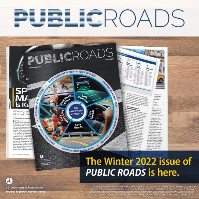 Graphic reads PublicRoads: The Winter 2022 issue of Public Roads is here. There is an image of the magazine cover as well, which shows a stylized wheel with images inside.