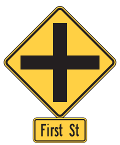 Figure 19. An image of a symbolic Intersection Warning (MUTCD W2-1) sign above a supplemental advance street name (MUTCD W16-8P) plaque that reads 'First St'.