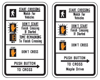 Figure 26. An image showing two of the variations of the MUTCD R10-3 series educational plaque for a pedestrian pushbutton, specifically, plaque R10-3e and R10-3f 