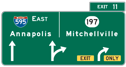 Figure 42. An image of an overhead freeway exit sign for a three-lane approach to Exit 11.  The left lane continues straight toward I-595 East and Annapolis, the right lane is an exit-only lane to Route 197 and Mitchellville, and the middle lane has the option of either lane.  An arrow above each lane on the sign indicates those directions of travel for approaching drivers.