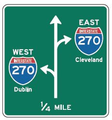 Figure 45. An image of a sign showing a diagram of two upcoming turns.  The nearest is a left turn toward west I-270 and Dublin; subsequently there is a right turn toward east I-270 and Cleveland.  Below the diagram is the notation '1/4 MILE'.