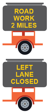 Figure 64. An image of two phases of a message on a changeable message sign. The sign on top of the image has a message that reads 'ROAD WORK 2 MILES'. The sign on the bottom of the image reads 'LEFT LANE CLOSED'.