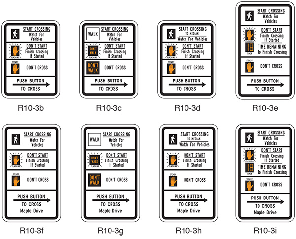 Figure 26. An image showing eight of the variations of the MUTCD R10-3 series educational plaque for a pedestrian pushbutton.  The image has two rows of four signs each; the top row shows (from left to right) the R10-3b through R10-3e signs, and the bottom row shows (from left to right) the R10-3f through R10-3i signs.