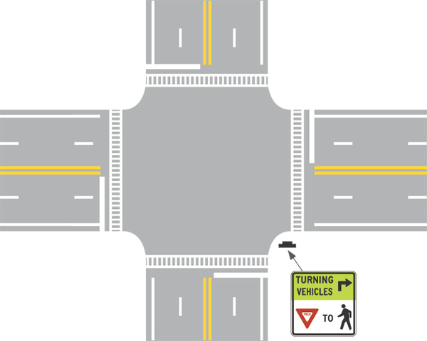 Figure 27. An image of a four-leg intersection that shows the recommended placement of the MUTCD R10-15 sign adjacent to the curb radius for right-turning vehicles.
