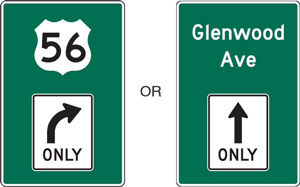 Figure 34. An image showing two options for the Combination Lane Use/Destination Guide (MUTCD D15-1) sign.  The image on the left shows a green sign with a black and white 'US-56' shield above a modified R3-5 'right turn only' symbol.  The image on the right shows a green sign with the text 'Glenwood Ave' in white above a modified R3-5a 'straight ahead only' symbol.