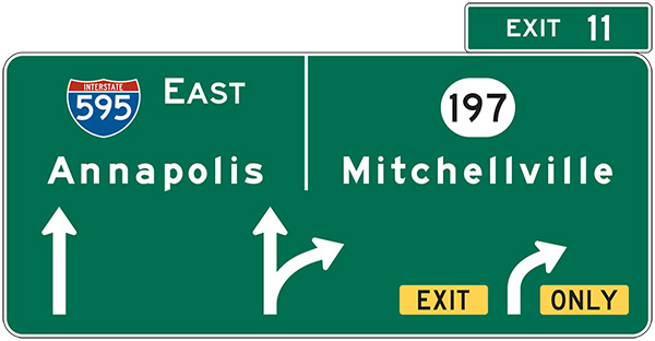Figure 42. An image of an overhead freeway exit sign for a three-lane approach to Exit 11.  The left lane continues straight toward I-595 East and Annapolis, the right lane is an exit-only lane to Route 197 and Mitchellville, and the middle lane has the option of either lane.  An arrow above each lane on the sign indicates those directions of travel for approaching drivers.