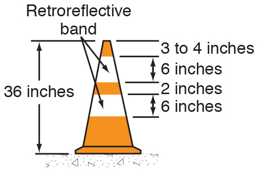 Figure 66. An image of a work zone traffic cone.  The cone is orange and 36 inches tall.  Three to four inches down from the top of the cone is a white retroreflective band that is 6 inches tall.  Two inches below that band is a second white retroreflective band that is 6 inches tall.