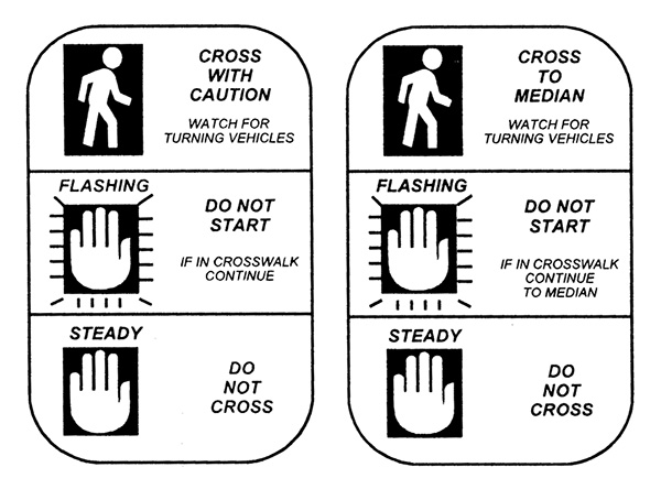 Figure 80. An image of two experimental placards instructing pedestrians of the proper action at a crosswalk.  The placard on the left is for one-stage crossings, and the one on the right is for two-stage crossings with a median.