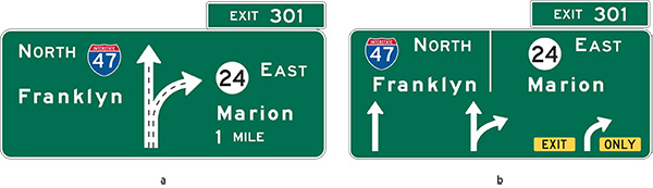 Figure 92. An image of two options of overhead diagrammatic signs on an approach to a freeway exit on a three-lane freeway section.  The sign on the left contains a single two-pronged arrow showing the lane configuration and the destination route shields and cities for each lane.  The sign on the right is designed to have one arrow over each lane, and only the center lane has the two-pronged arrow, designating the shared lane.