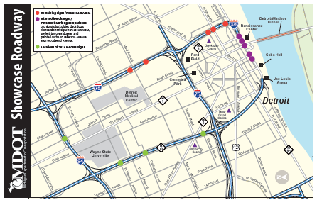 Image shows a map of the Older Driver Showcase Roadway in Detroit, Michigan