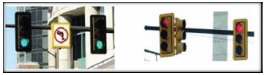 Image shows traffic signals with and without yellow retroreflective stips on the signal backplates