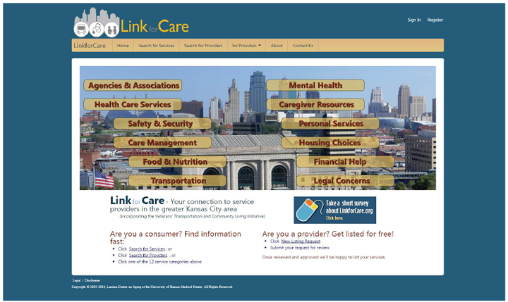 Image shows the homepage of the link for care website