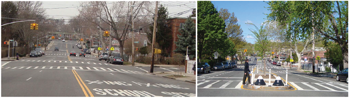 Image shows Allerton Avenue in New York City before and after the construction of left turn bays, pedestrian refuge islands, and bike lanes