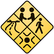 a graphic of a yellow caution sign with four divisions: two stick figures shaking hands, a stick figure pedestrian, a four-way intersection, and a curving road