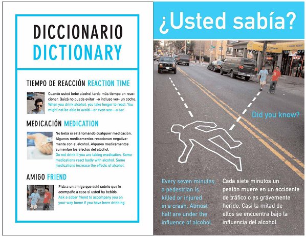 Photo on the right depicts two young Hispanic males crossing the street diagonally, a car approaching on the far side, dotted lines representing the paths of the pedestrians and the driver, with a chalk outline of a body on the street showing where a crash could occur.  The title reads '¿Usted sabía? / Did you know?' and a bilingual fact is printed over the photo. To the left is a  box titled 'dictionary' containing the words 'reaction time', 'medication', and 'friend' with brief bilingual explanations of each word.