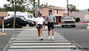 Photo: Pedestrian "Decoy" Operations. Pedestrian in crosswalk