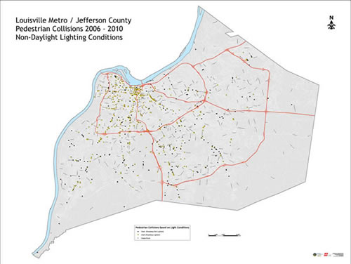 Map: Louisville Metro / Jefferson County, Pedestrian Collisions 2006-2010, Non-Daylight Conditions