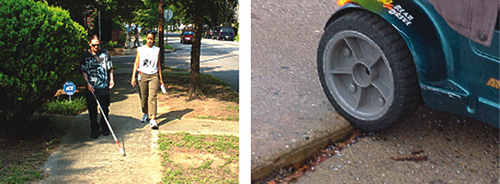 Left: Sidewalks should be smooth, stable, slip-resistant and free from obstructions to allow all pedestrians (including people with disabilities) to access transit safely. Notice the obstacle presented by the overhanging branches., Right: Sidewalks with surface defects, such as gaps, cracks, joints, or heaved pavement can be a hazard to pedestrians accessing transit, especially those with disabilities.