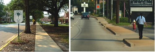 Left: Buffer space between the sidewalk and moving vehicles makes pedestrians feel safer. Trees and other objects in the buffer further enhance pedestrian comfort., Right: The pedestrian on this sidewalk is in a potentially dangerous situation, walking very close to vehicles in the outside travel lane.