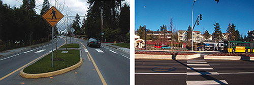 This roadway was modified from a four-lane, undivided roadway to two through lanes with a center turn lane and bicycle lanes. This change provided space to construct median islands and increase the safety of midblock crossings (left photo). The median island near this transit stop includes an angled cut-through for pedestrians. This feature encourages pedestrians to face to the right and look for oncoming traffic before crossing (right image).