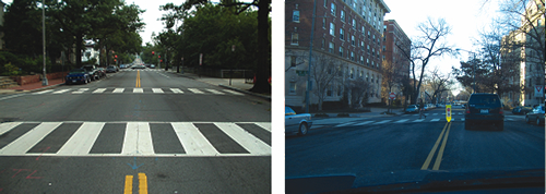 Left: High-visibility crosswalks have thick markings that are easy for approaching drivers to see. Pictured is a ladder type crosswalk marking., Right: High-visibility crosswalks can be supplemented by 'in-roadway pedestrian crossing signs' that remind drivers of state laws requiring them to yield or stop for pedestrians in the crosswalk. Pictured is a ladder type crosswalk marking, with an in-roadway pedestrian crossing sign.
