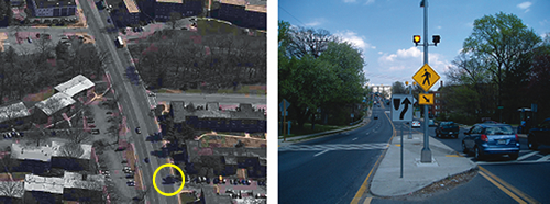 These pictures show a location where a median crossing island was installed to improve the safety of pedestrians accessing a well-used bus stop on a busy, high-speed roadway. The photo on the left was taken before and the photo on the right was taken after the improvement was made.