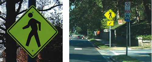 Fluorescent yellow-green pedestrian warning signs can increase driver awareness of pedestrians crossing the road near transit stops (left photo). This pedestrian warning sign has been placed at a crosswalk that many pedestrians use to access a bus stop (right photo).