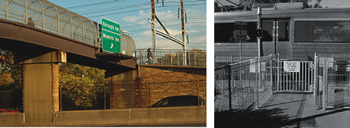 This grade-separated crossing over a freeway allows pedestrians to cross from their neighborhood to a nearby transit station (left photo). Multiple safety treatments are used at this pedestrian at-grade railroad crossing, including fencing, and warning signs (right photo).