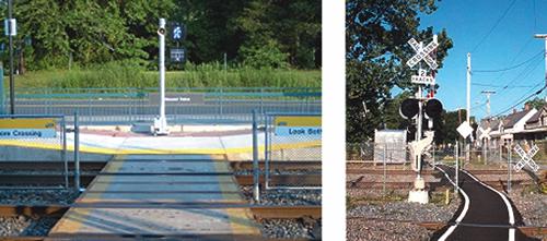 These pedestrian crossings illustrate many of the safety treatments that can be used at at-grade railroad crossings including: gates, warning stripes on the walkway, pedestrian walk signal similar to those used on roadways (left photo), flashing lights, warning signs and fencing (right photo). The pedestrian walkways are clearly marked and provide stable surfaces.